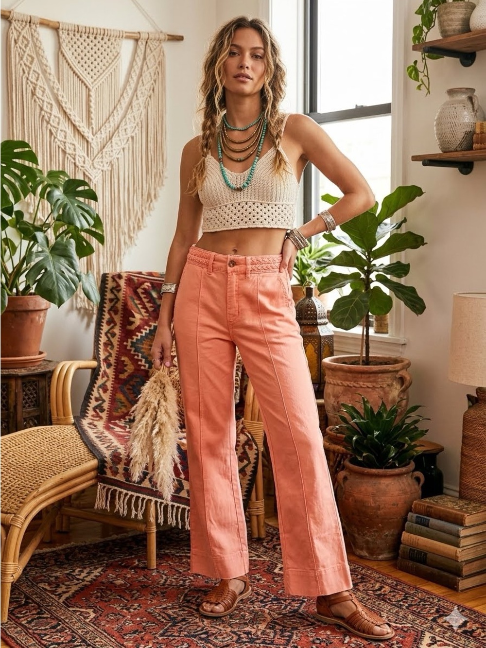 NWT Habitual Linen Blend Crop Flare Pants Sz 2 Peach Braided Waist